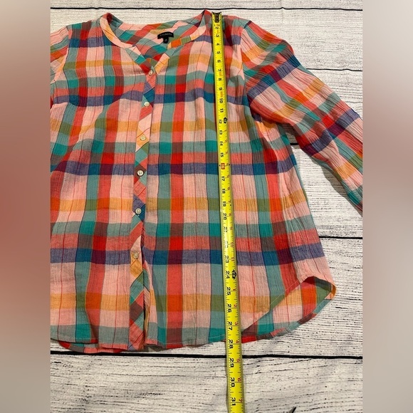 Talbots Gauzy Colorful Check Plaid Blouse Button Up Long Tab Sleeve Size Medium - Picture 6 of 8